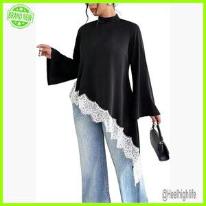 Plus Size Lace Blouse Flowy Asymmetrical Bell Sleeve Mock Neck Top